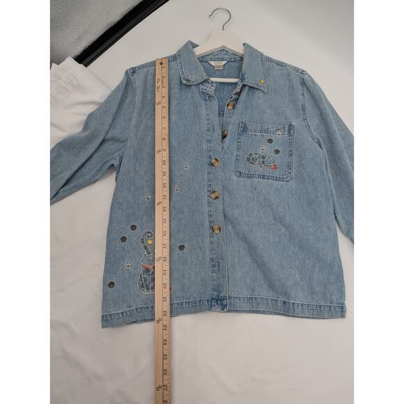 Vintage Y2K Christopher & Banks Chambray Kitty Cat Women's Medium Button Up - Picture 8 of 10